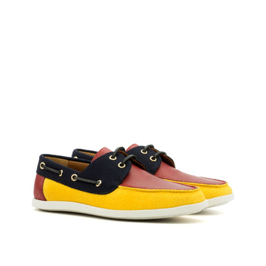 DapperFam Nauticus in Mustard / Navy / Red Men's Linen & Flannel & Italian Leather Boat Shoe in Mustard / Navy / Red D - Standard Width