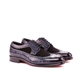 DapperFam Zephyr in Black / Grey Men's Italian Suede & Hand-Painted Patina Longwing Blucher — Style 3539