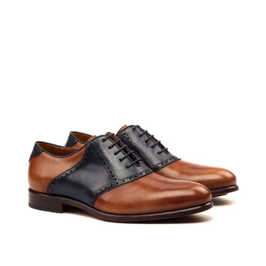 DapperFam Fabrizio in Med Brown / Navy Men's Italian Leather Saddle in Med Brown / Navy #color_ Med Brown / Navy
