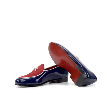 DapperFam Marcello in Cobalt Blue / Red / White Blue Men's Suede & Italian Leather & Italian Patent Leather Belgian Slipper in #color_