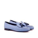 DapperFam Marcello in Blue / Navy Men's Linen & Italian Leather Belgian Slipper